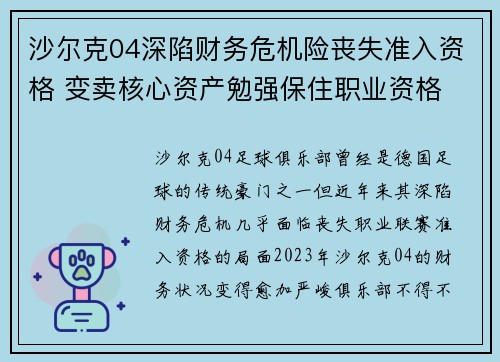 沙尔克04深陷财务危机险丧失准入资格 变卖核心资产勉强保住职业资格